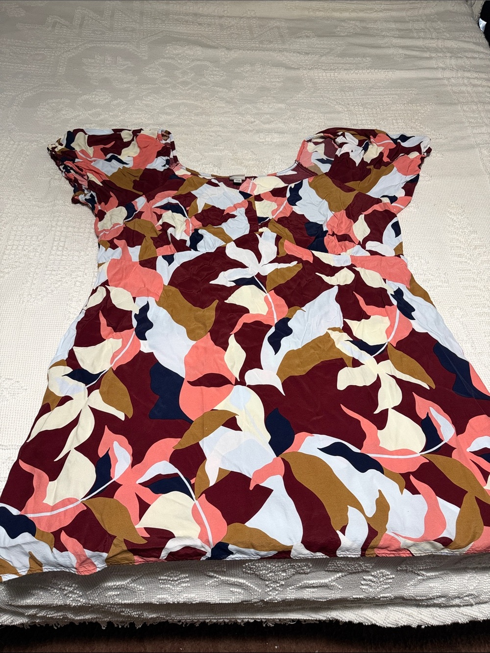 a new day Coral, Burgundy and Navy Abstract Leaf Dress